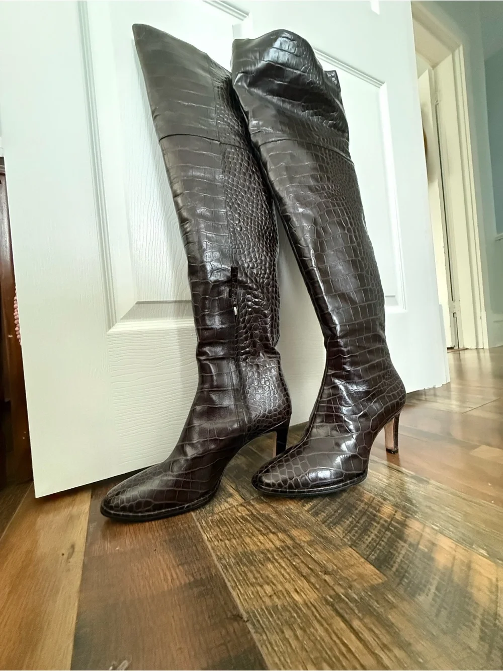 Reformation Dark Brown Croc-Embossed Over-the-Knee Boots